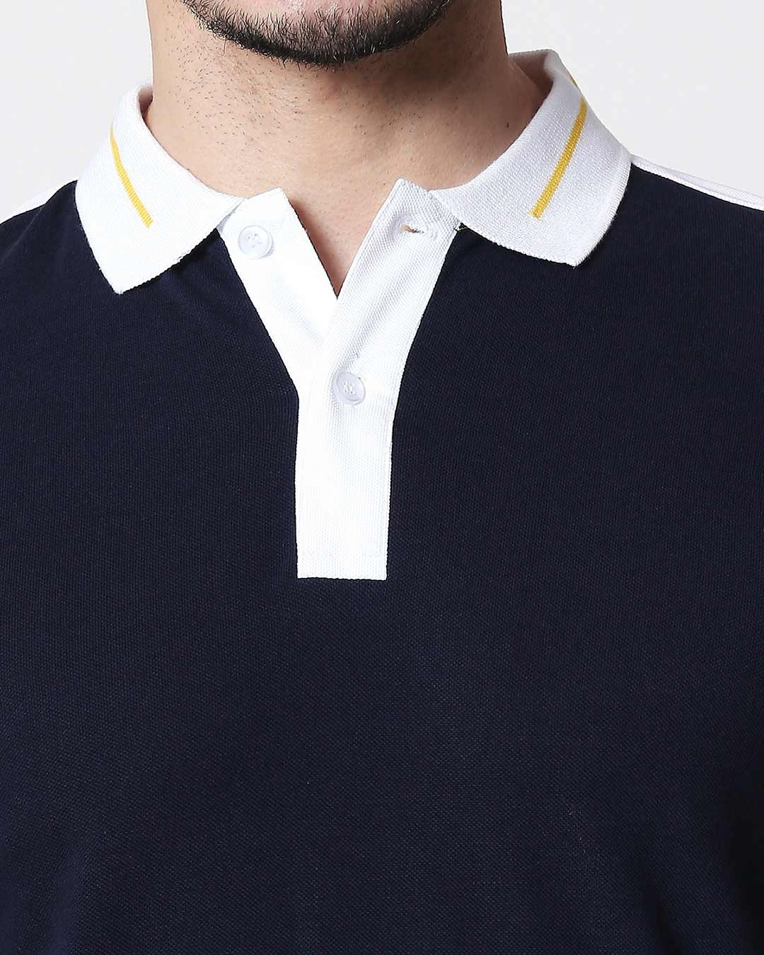 Shop Men's Dark Navy-White Sporty Sleeve Panel Polo T-Shirt
