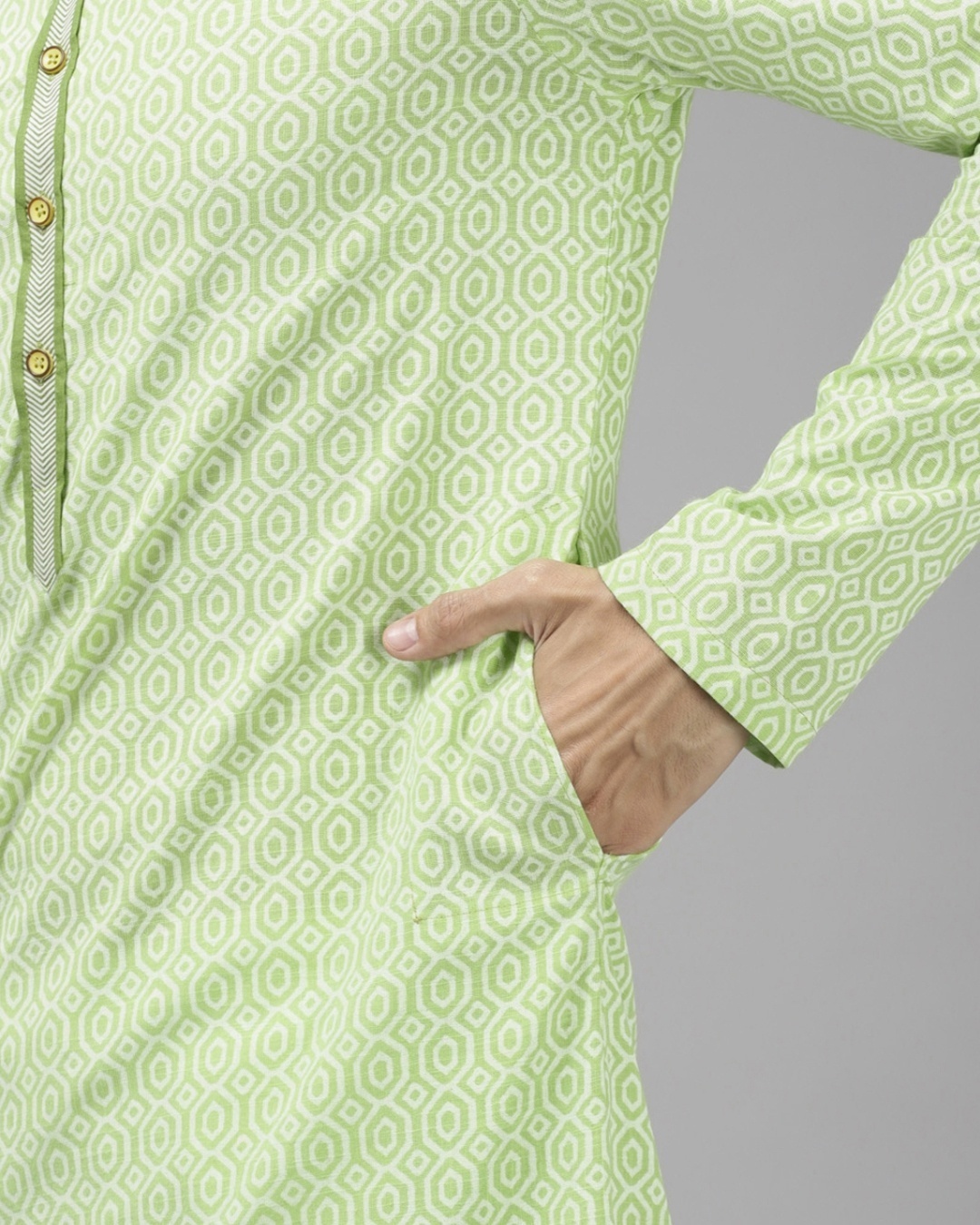 Shop Men's Green All Over Printed Cotton Kurta-Full