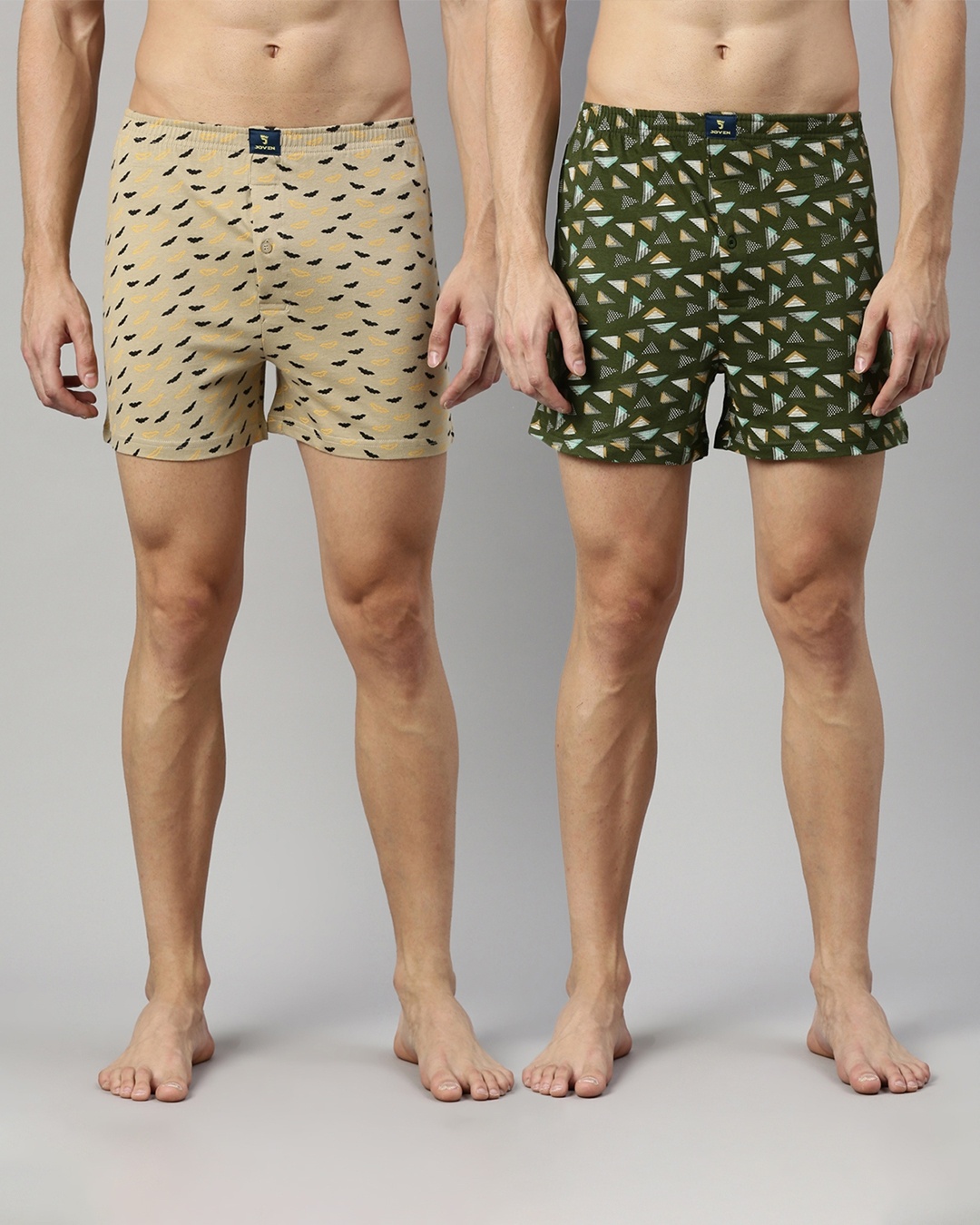 Shop Men's Green & Beige All Over Printed Cotton Boxers (Pack of 2)-Front