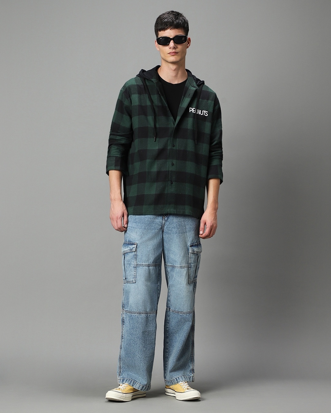 Men's Green & Black Snoopy Checked Oversized Hooded Shirt