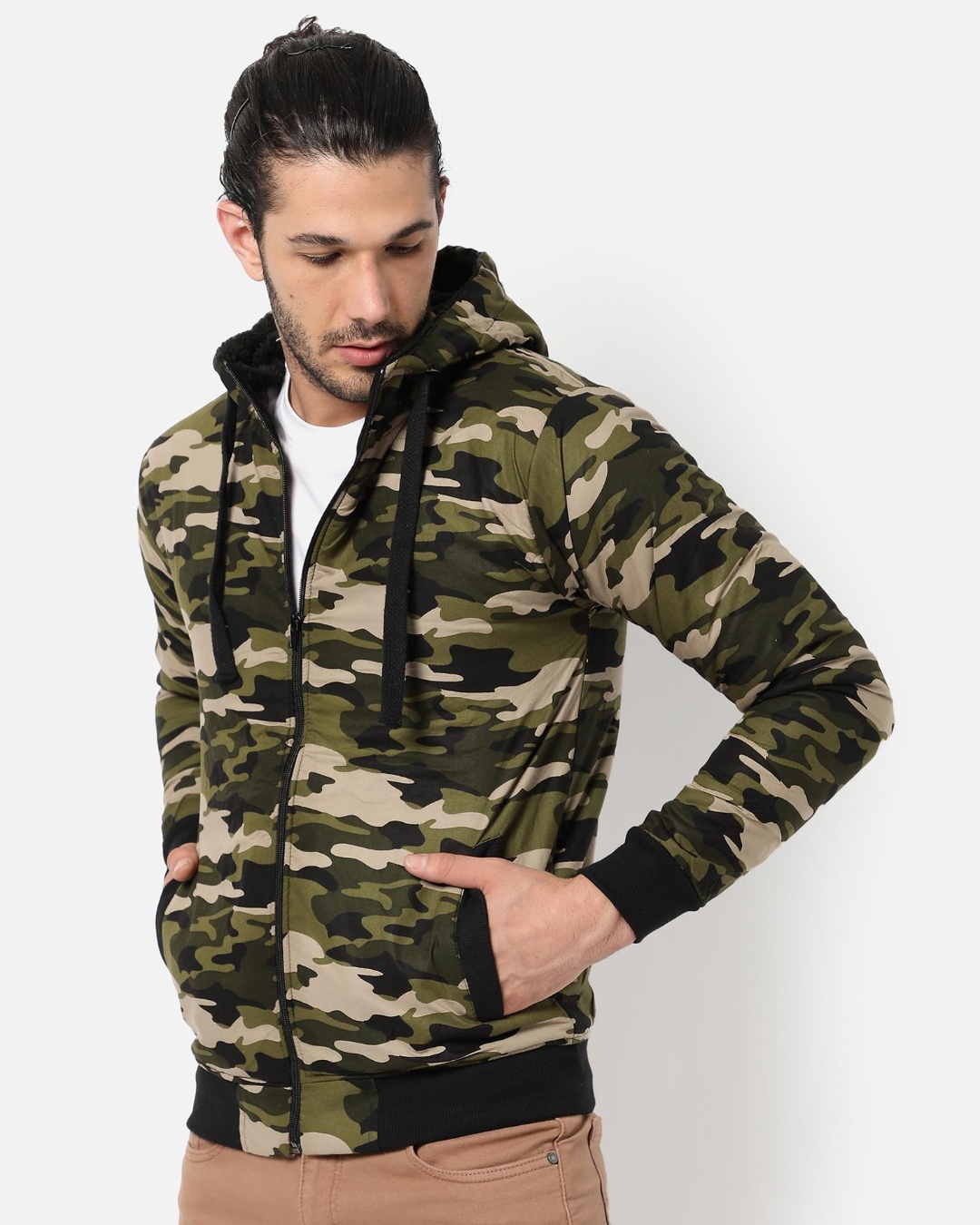 Shop Men's Green Camouflage Hooded Jacket-Back