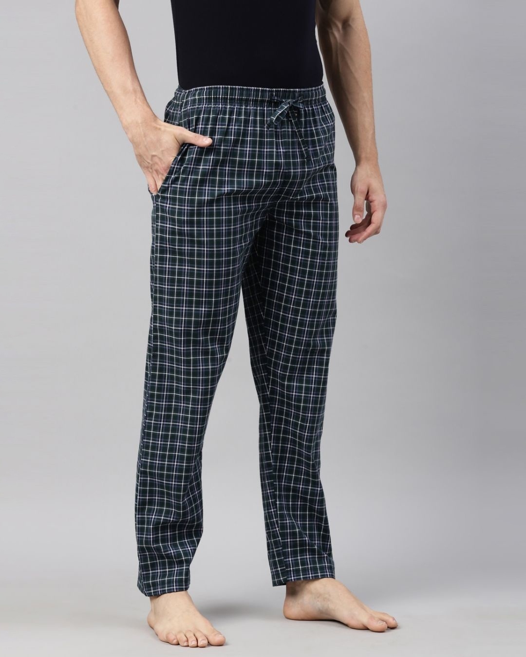 Shop Men's Green Checked Cotton Pyjamas-Back