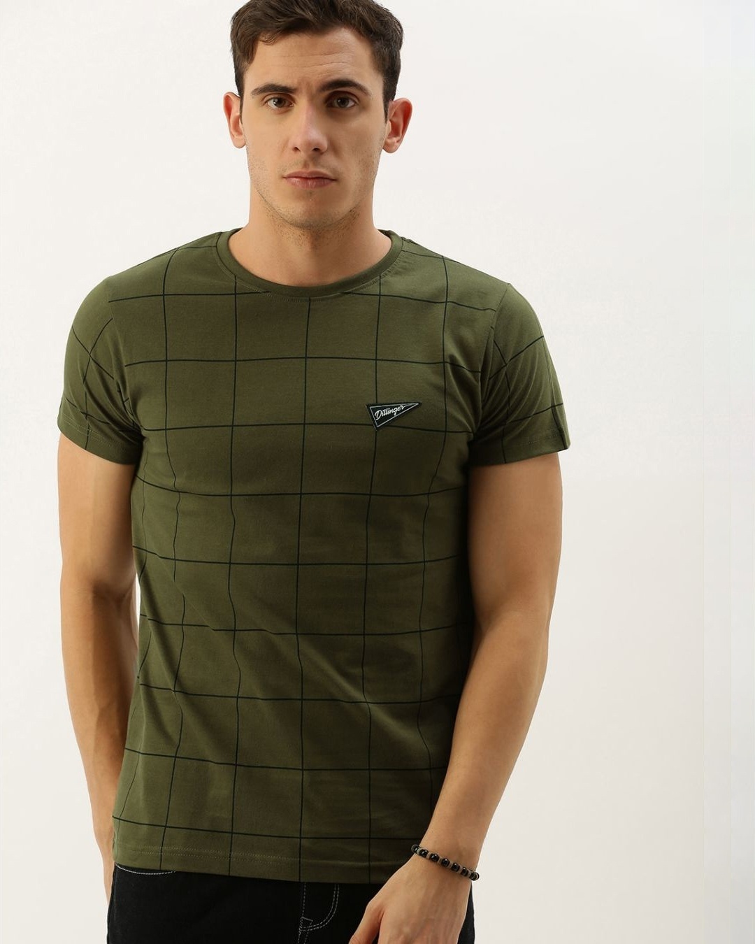 Shop Men's Green Checkered T-shirt-Front