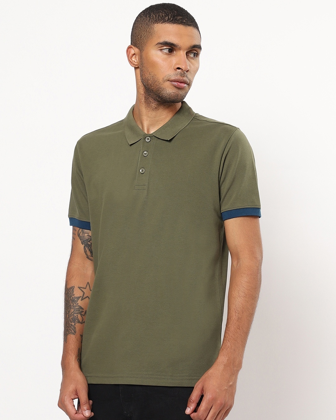 Shop Men's Green Contrast Cuff Sleeve Polo T-shirt-Back