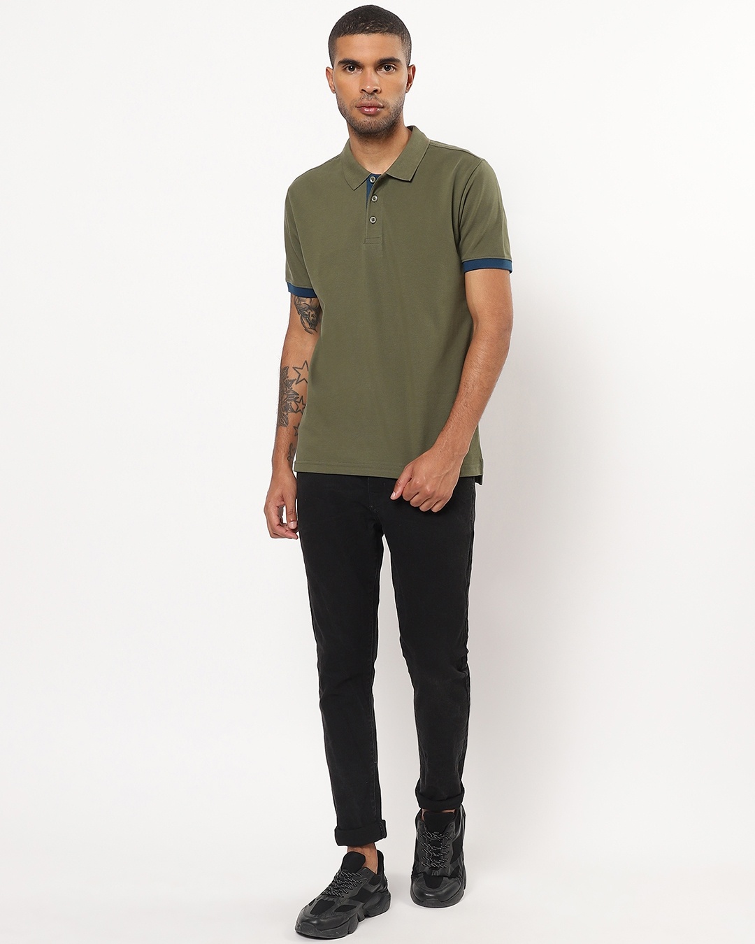 Shop Men's Green Contrast Cuff Sleeve Polo T-shirt-Full