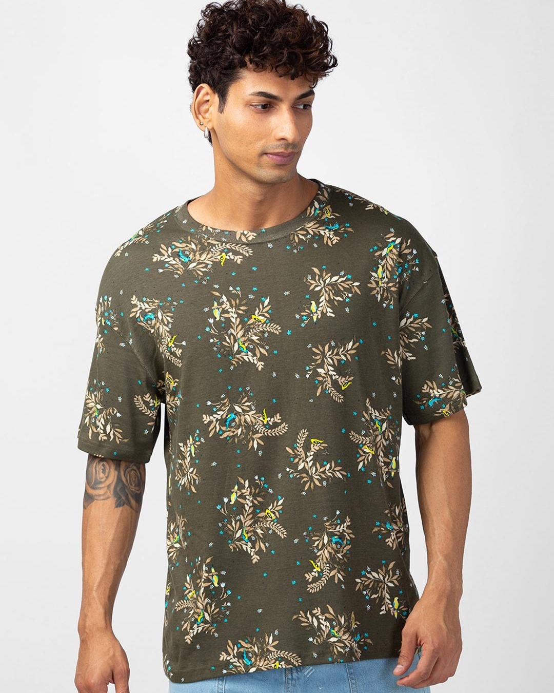 Buy Men's Green Floral Printed Oversized T-shirt Online at Bewakoof