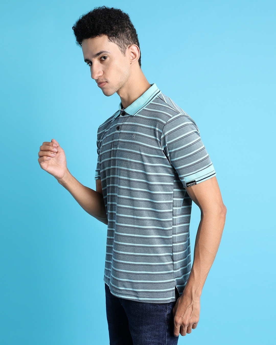 Shop Men's Green & Grey Striped Polo T-shirt-Full