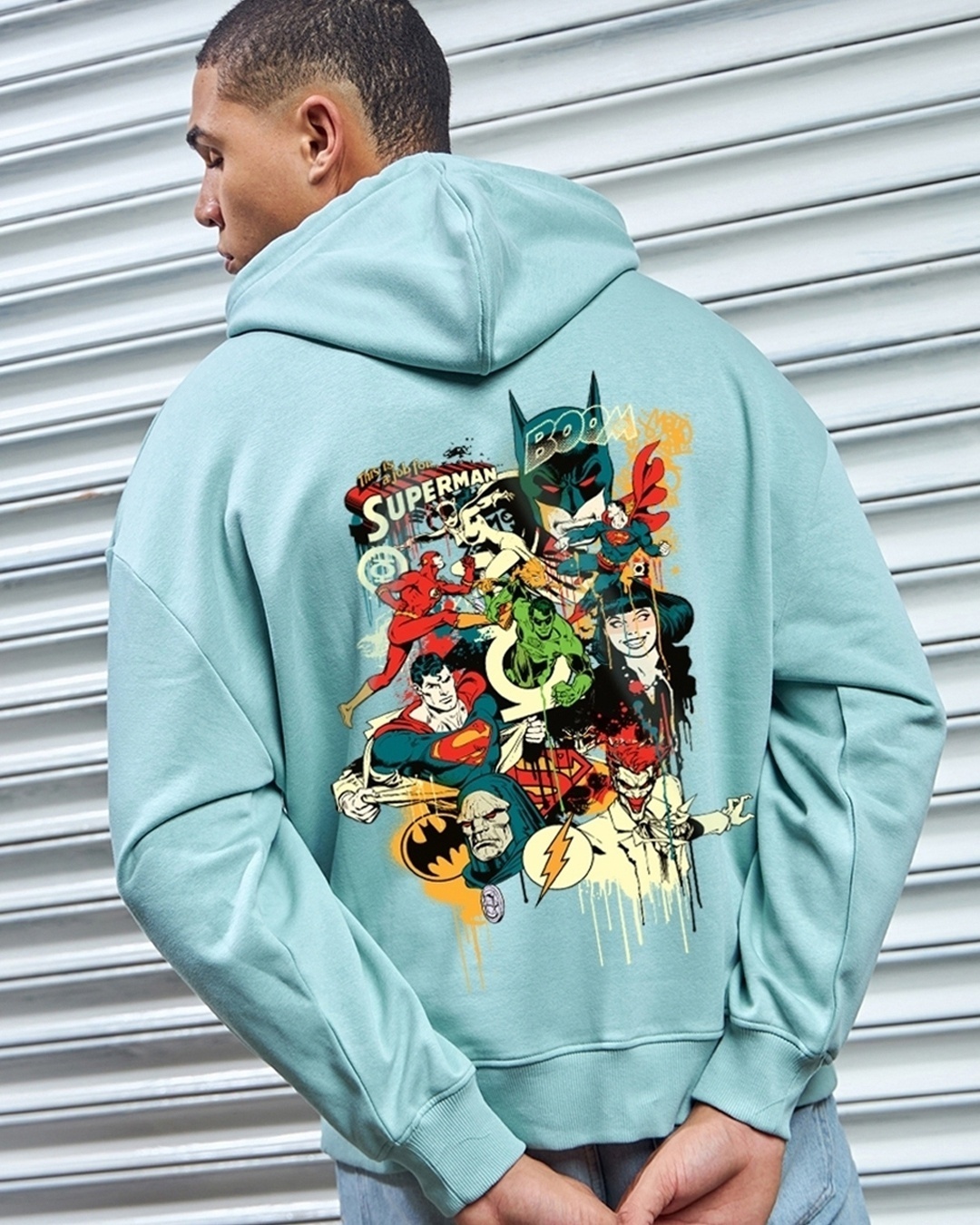 Men's Green Justice League Graphic Printed Oversized Hoodies