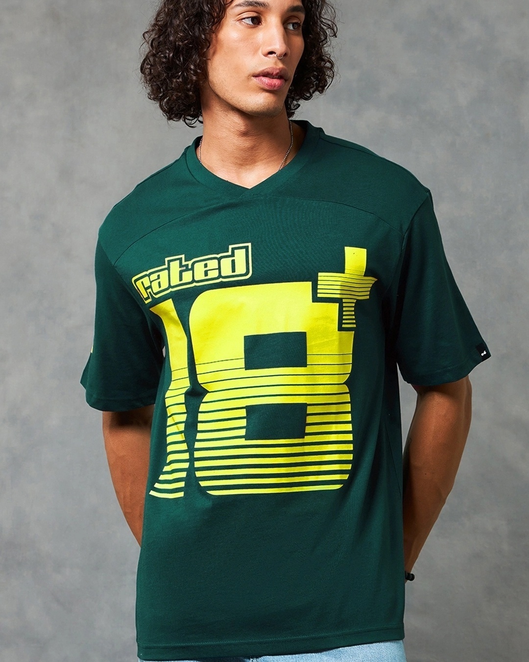 Men's Green Rated Colour Block Oversized v-neck T-shirt