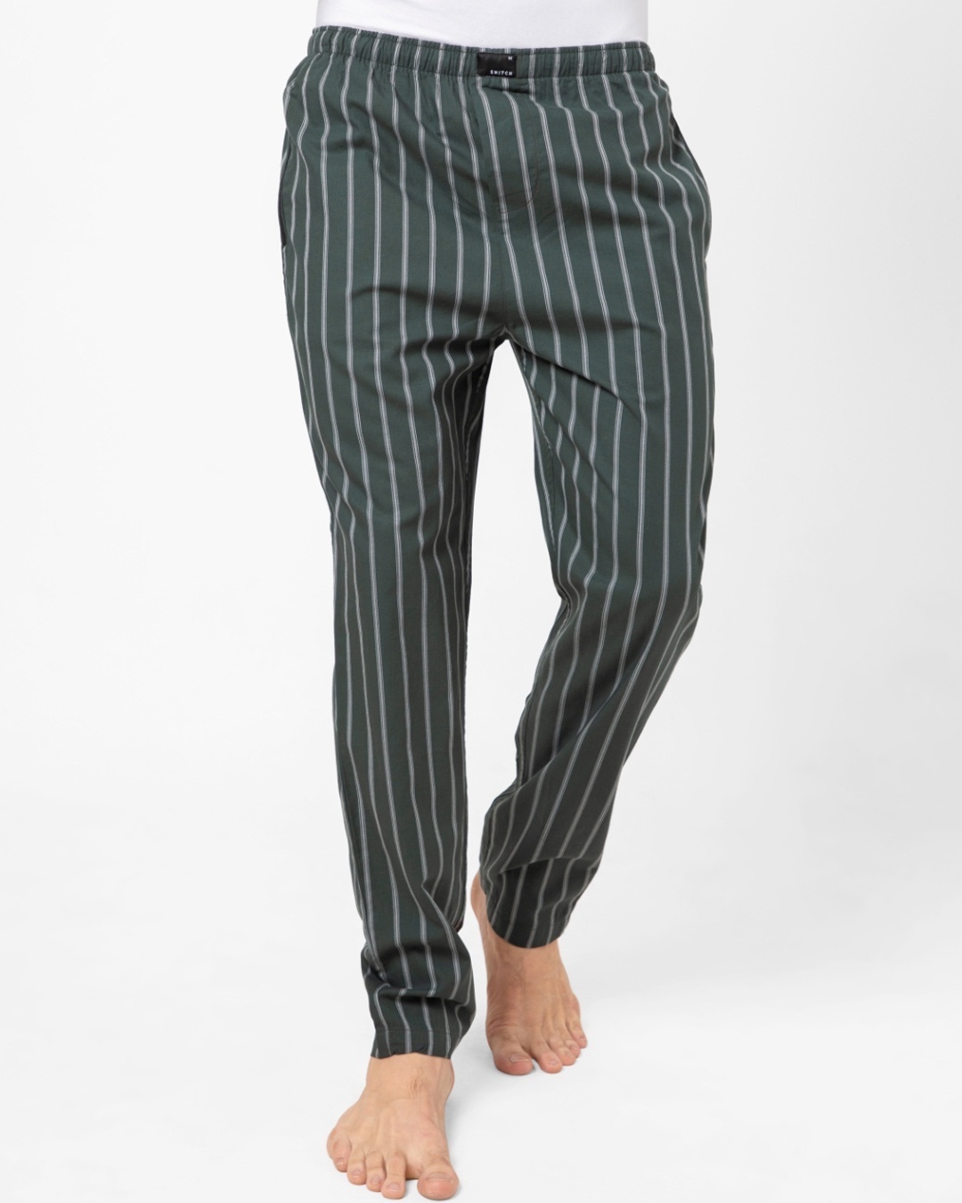 Shop Men's Green Striped Cotton Relaxed Fit Pyjamas-Front