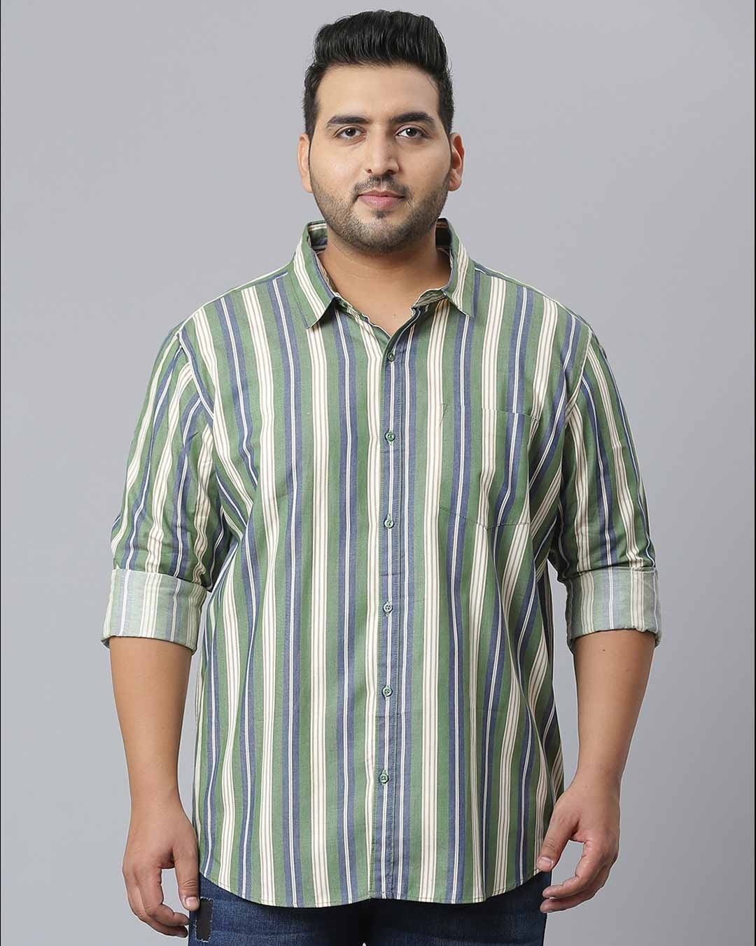 Shop Men's Green Striped Stylish Full Sleeve Casual Shirt-Front