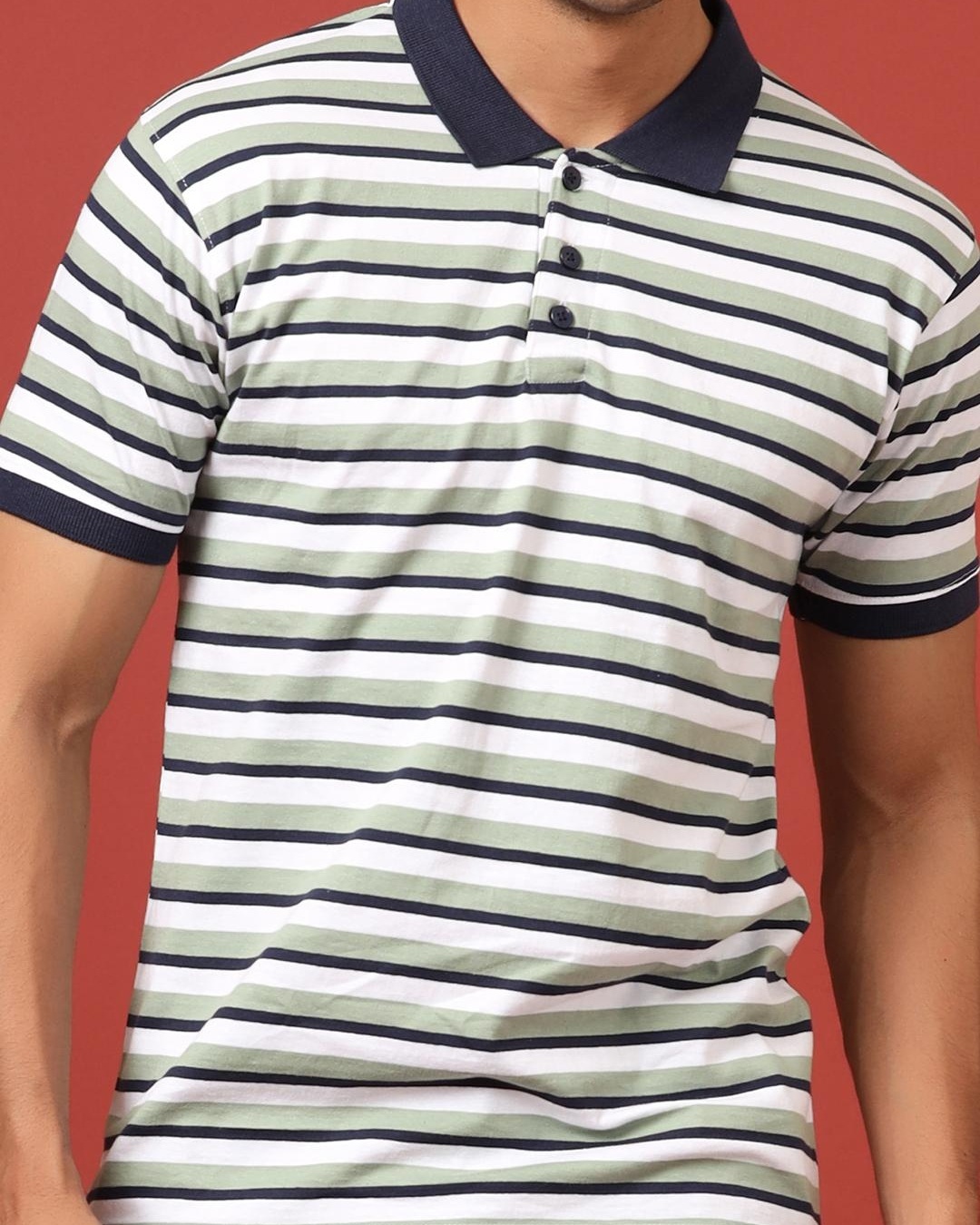 Men's Textured Striped Green Knitted Short Sleeve Polo T-Shirt
