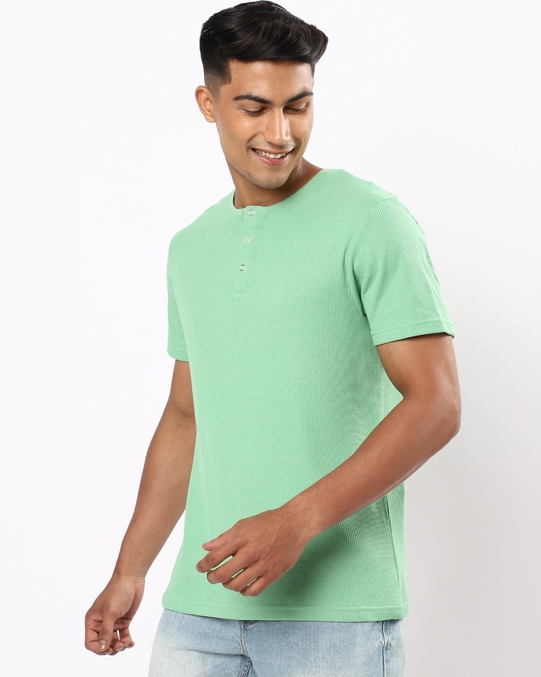 Shop Men's Green Waffle Henley T-shirt-Back
