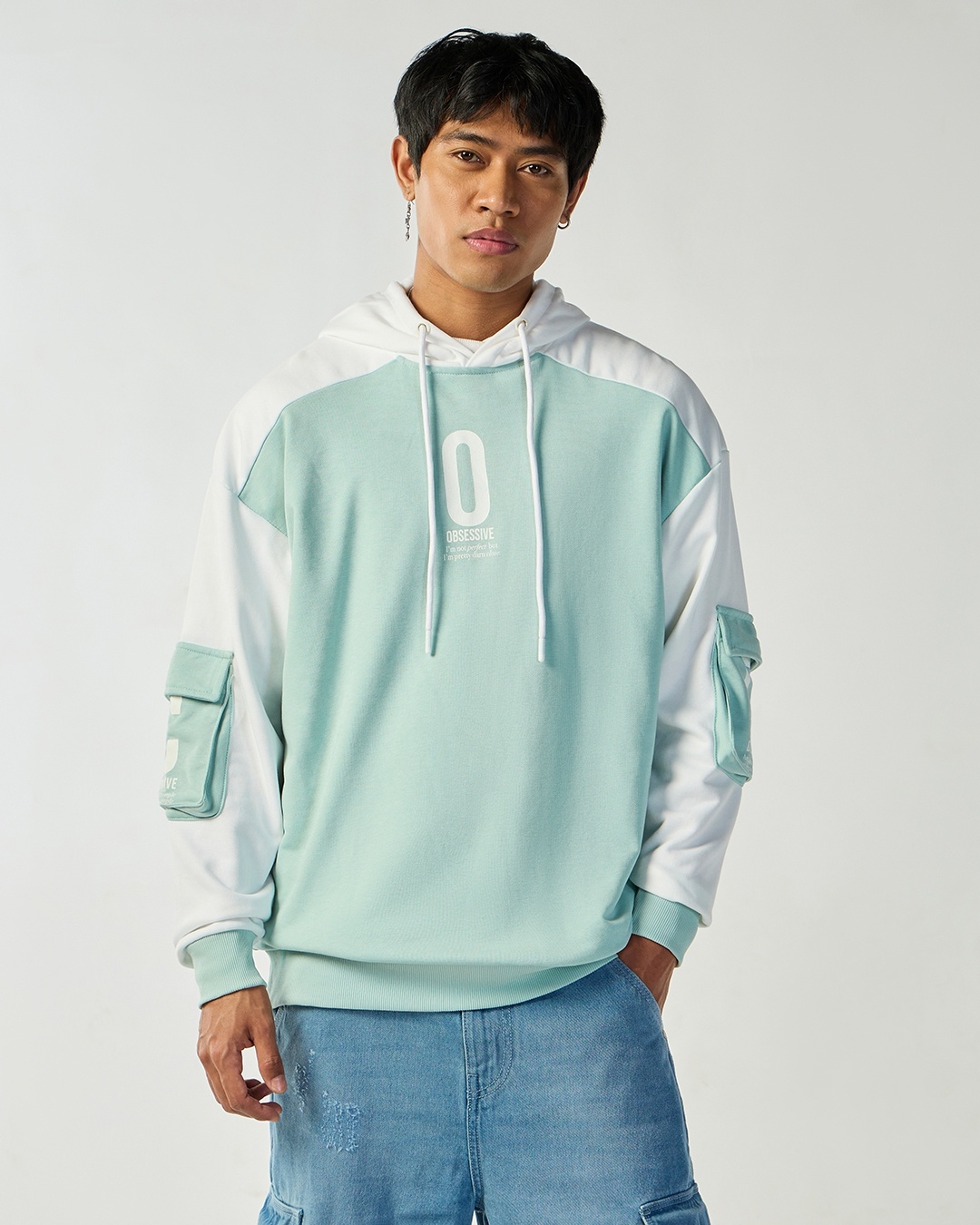 Men's Colourblocked White & Green Hoodie