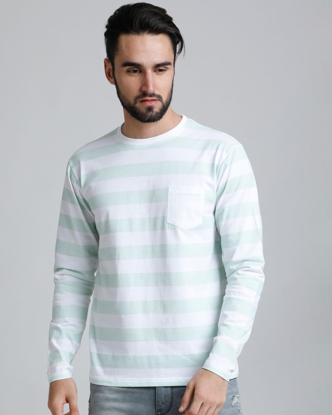 Shop Men's Green & White Striped T-shirt-Front