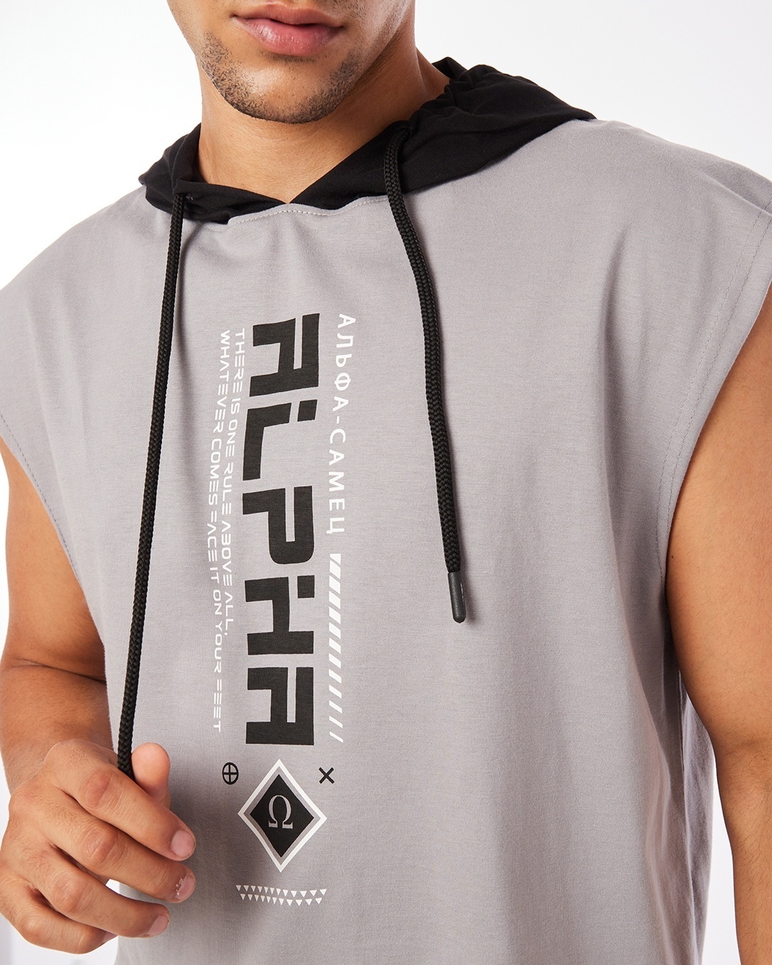 Shop Men's Grey Alpha Oversized Typography Hooded Vest