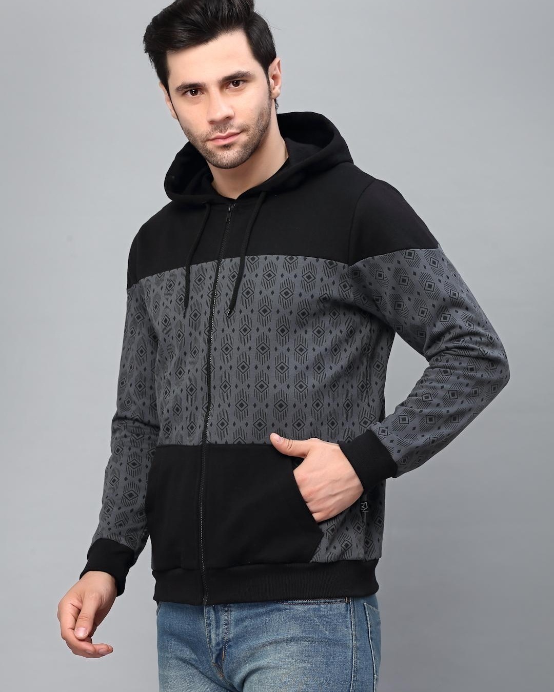 Shop Men's Grey and Black Color Block Slim Fit Hooded Jacket-Back
