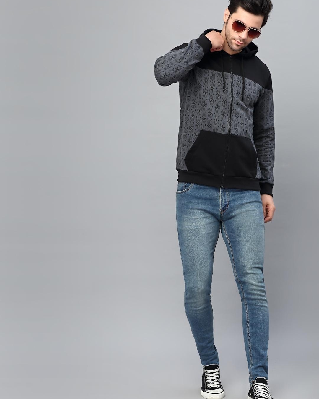 Shop Men's Grey and Black Color Block Slim Fit Hooded Jacket