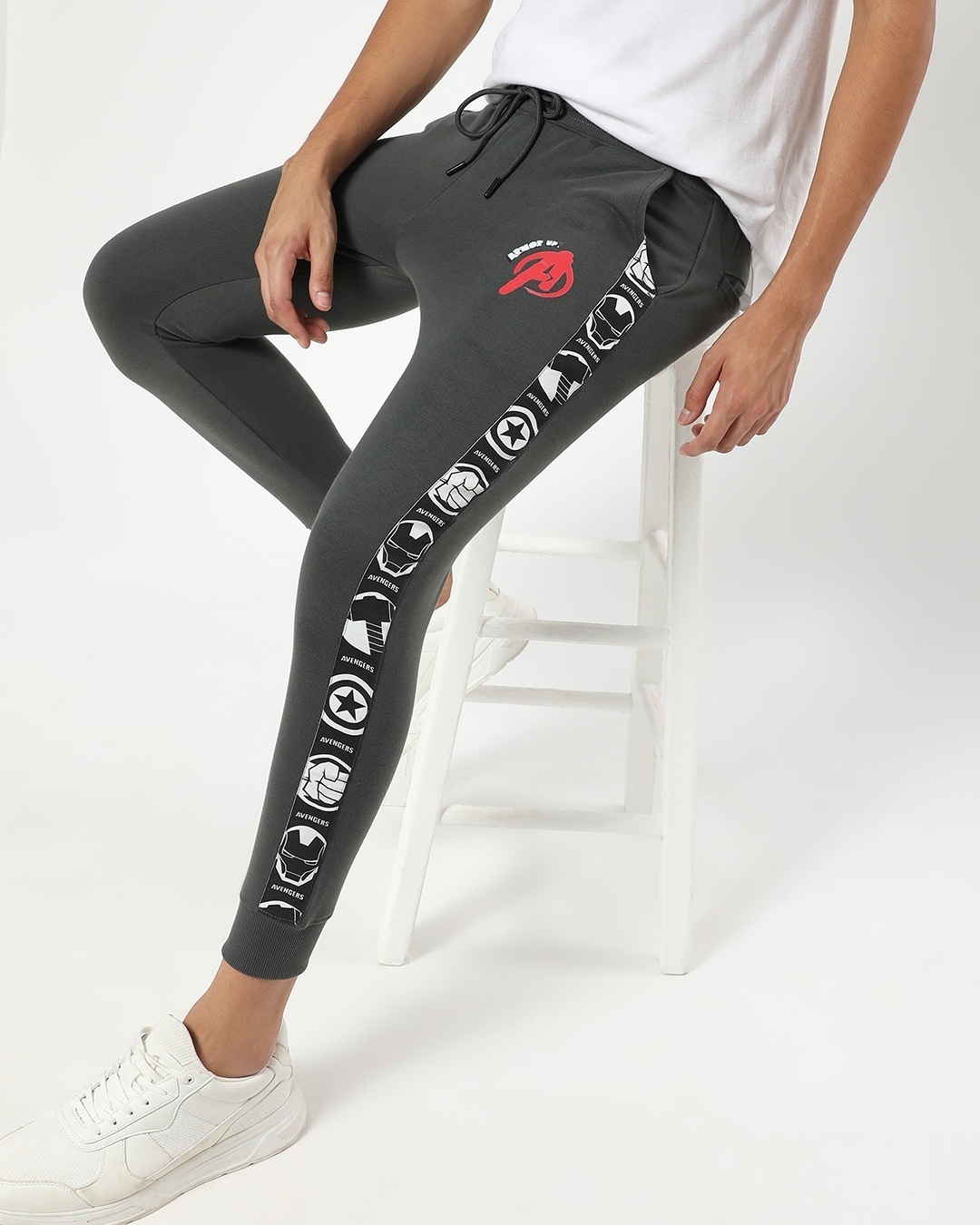 Shop Men's Grey Avengers Graphic Printed Joggers-Front