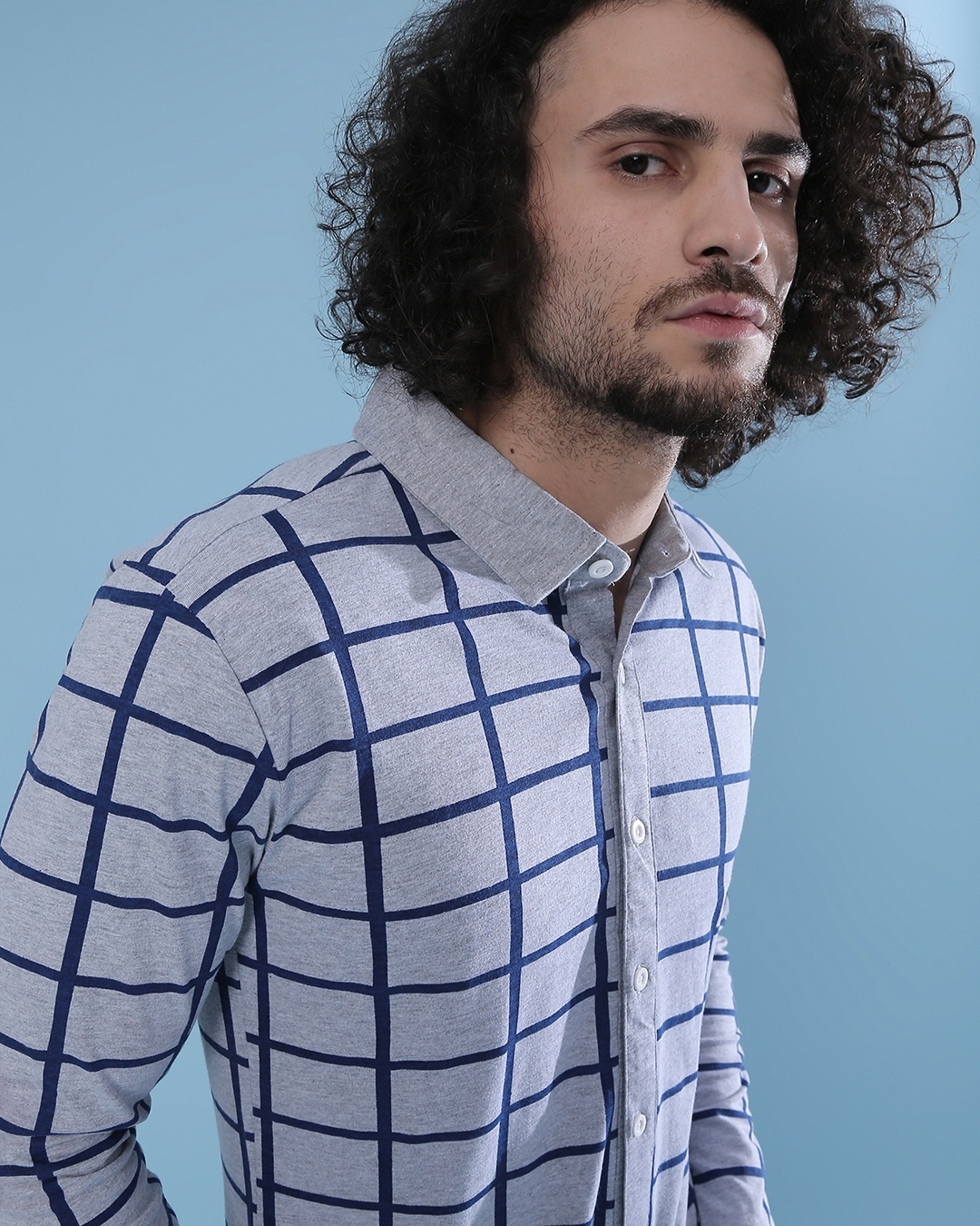 Shop Men's Grey & Blue Checkered Regular Fit Shirt