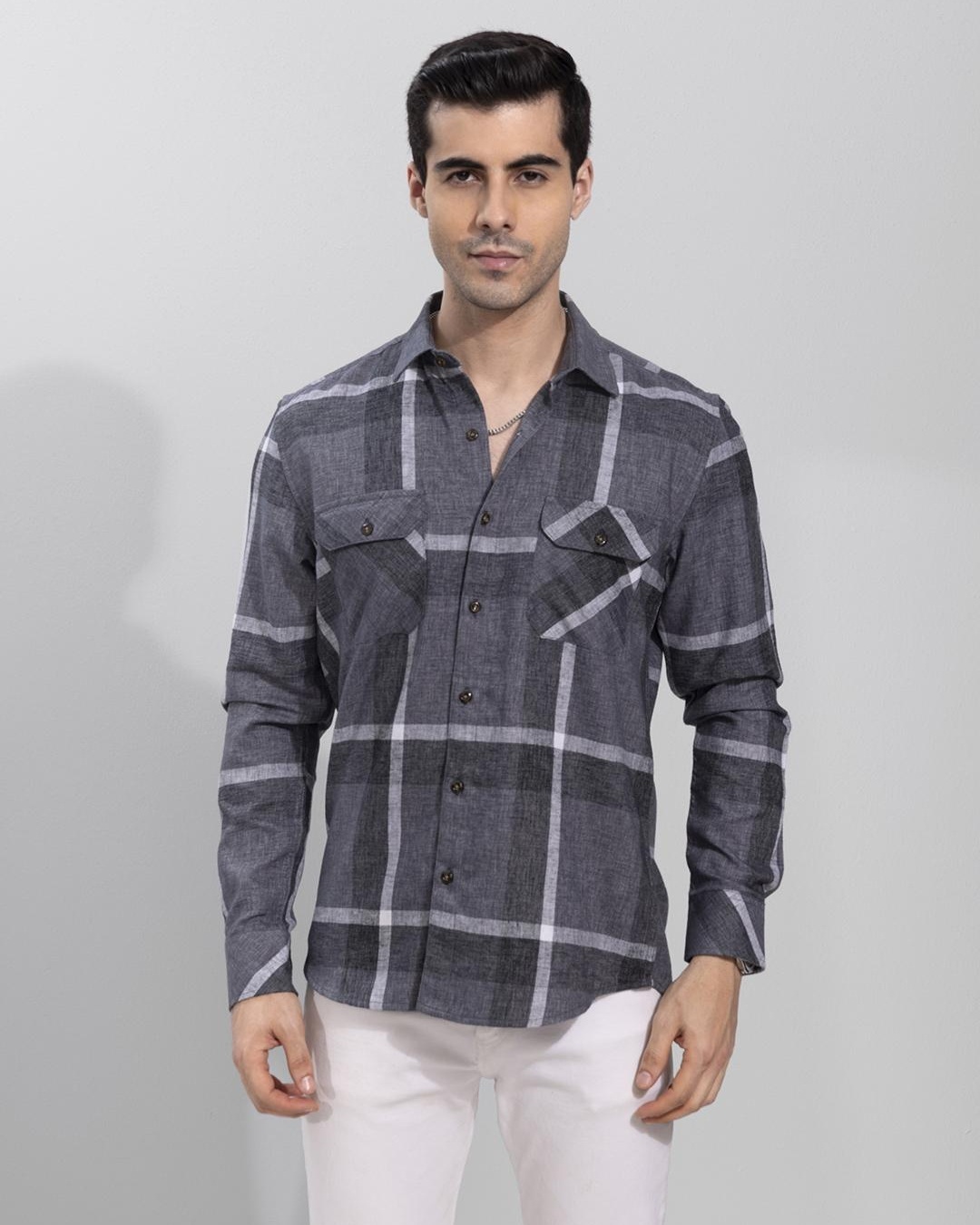 Shop Men's Grey Checked Slim Fit Shirt-Front
