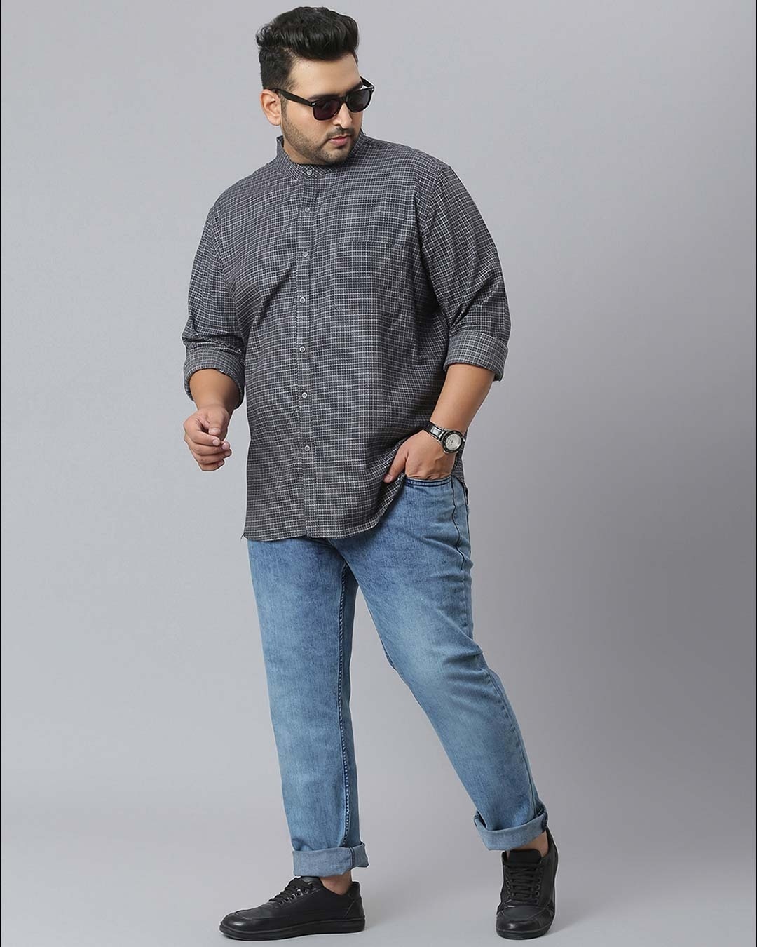 Shop Men's Grey Checks Stylish Full Sleeve Casual Shirt