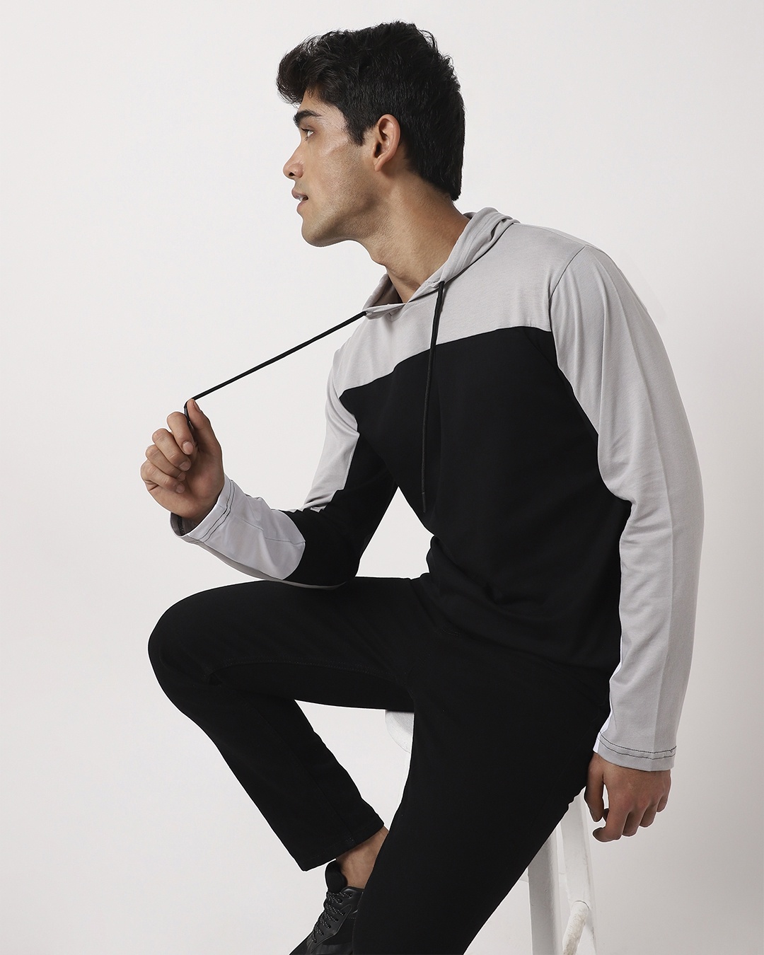 Shop Men's Grey Color Block Hoodie T-shirt-Front