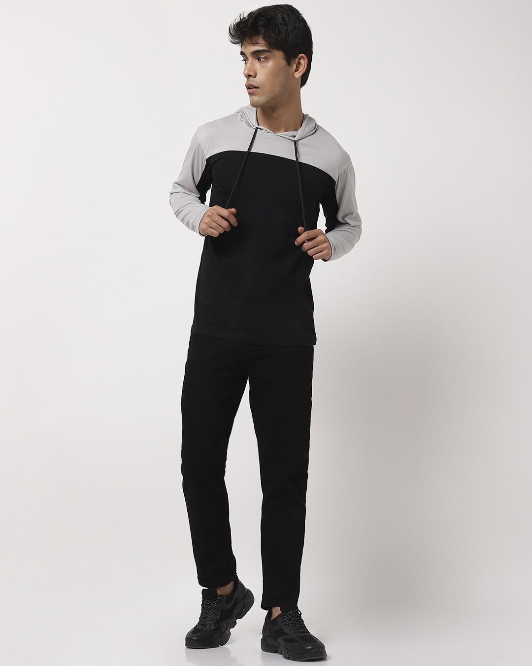 Shop Men's Grey Color Block Hoodie T-shirt-Full