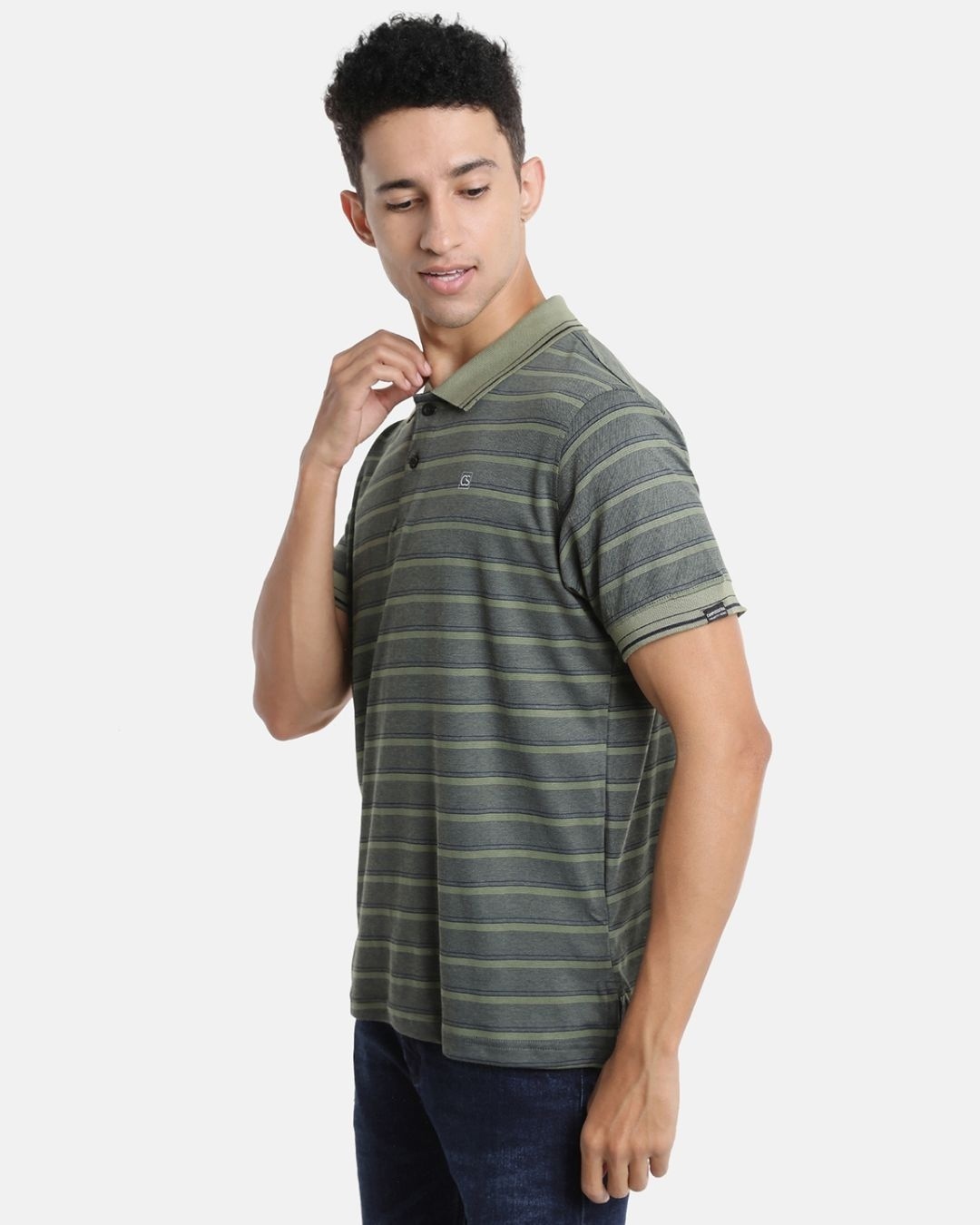 Shop Men's Grey & Green Striped Cotton Polo T-shirt-Full
