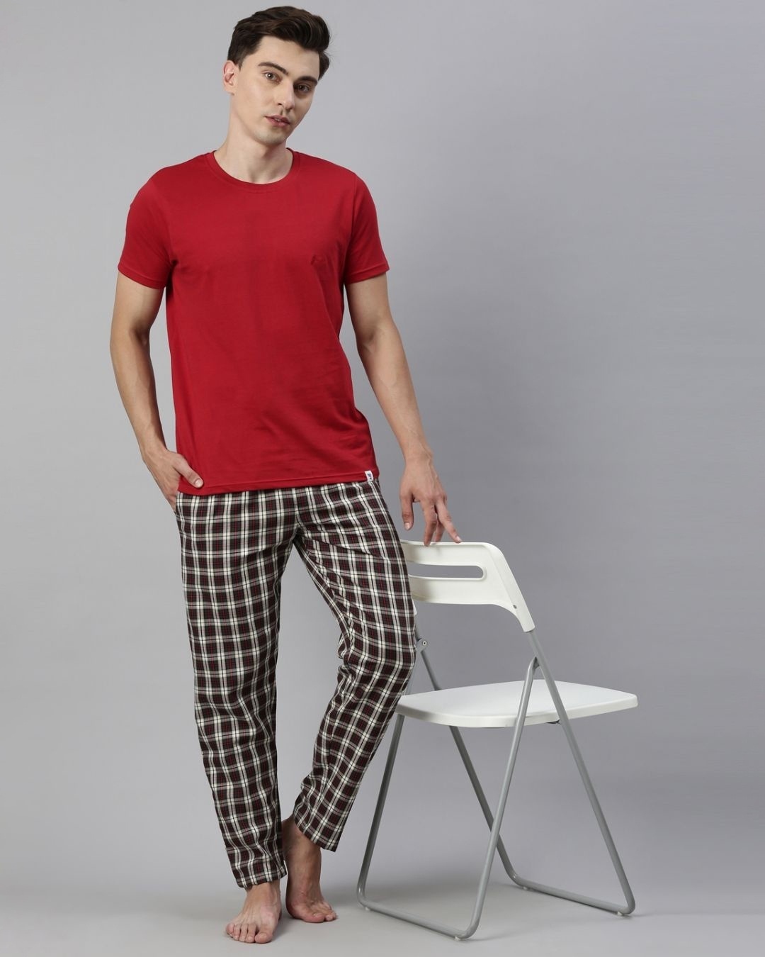 Shop Men's Grey & Red Checked Cotton Pyjamas-Front