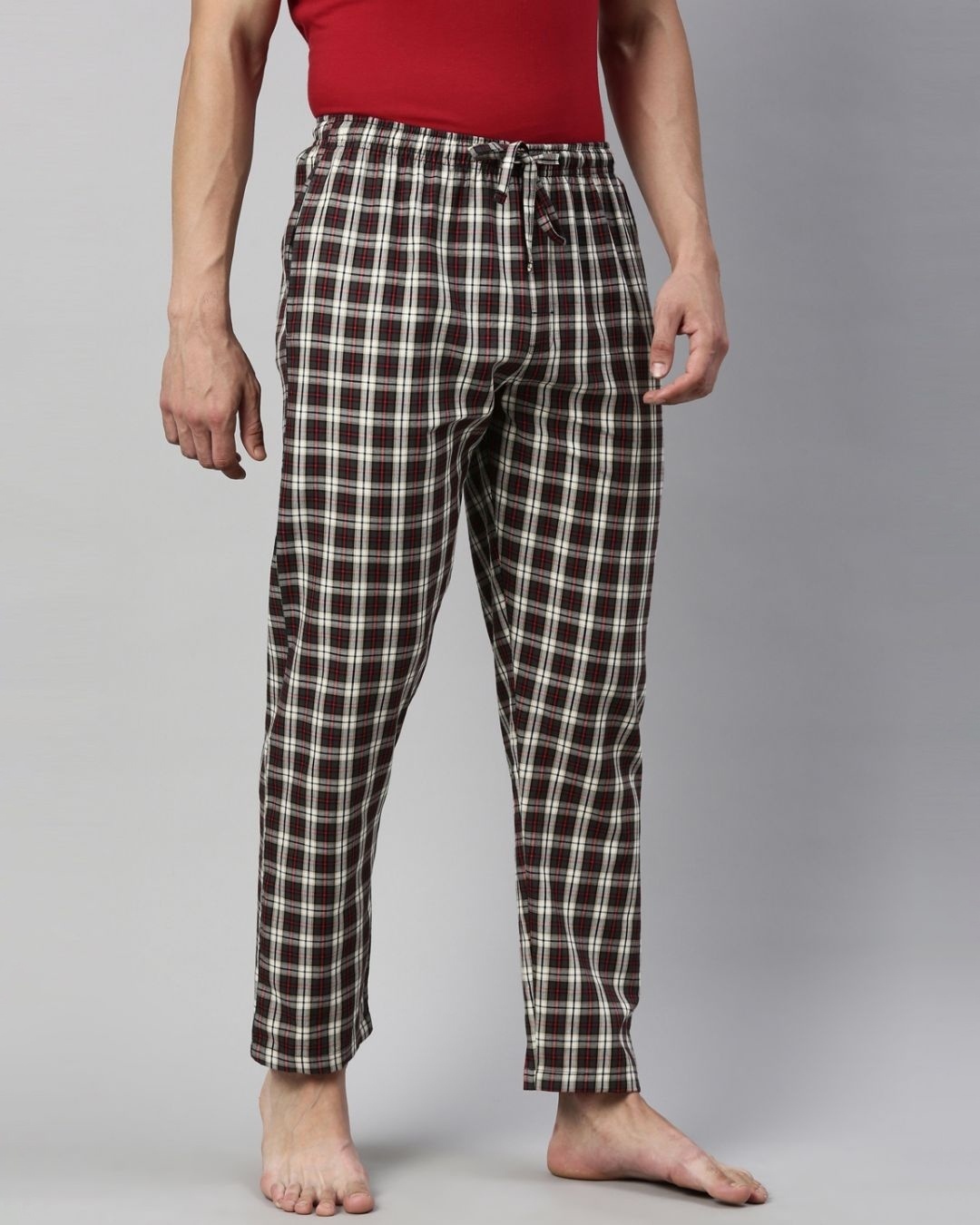 Shop Men's Grey & Red Checked Cotton Pyjamas-Back