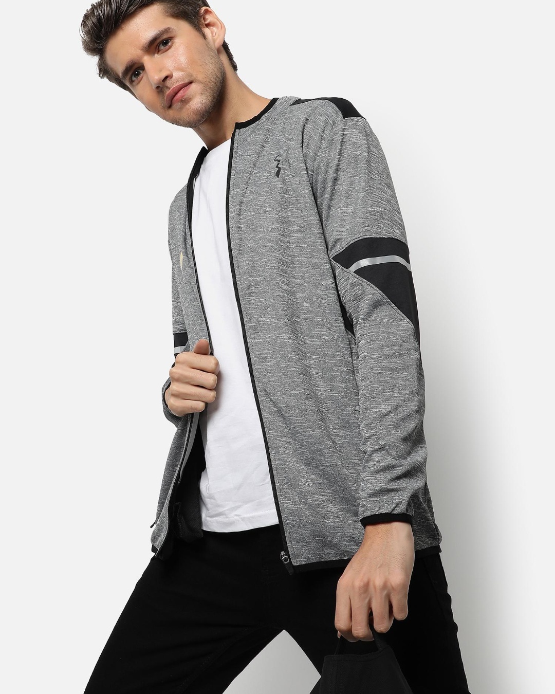 Shop Men's Grey and Black Color Block Jacket