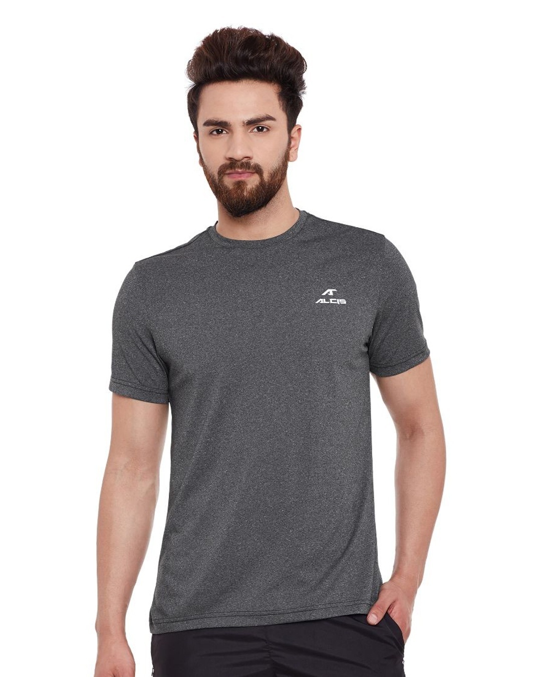 Shop Men's Grey Self Design Slim Fit T-shirt-Front