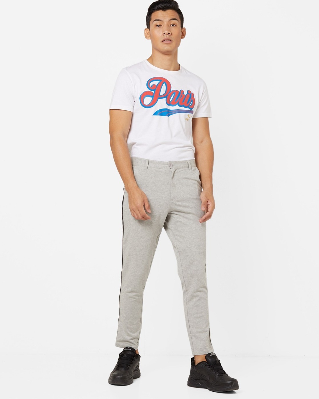 Shop Men's Grey Side Striped Tapered Fit Chinos-Full