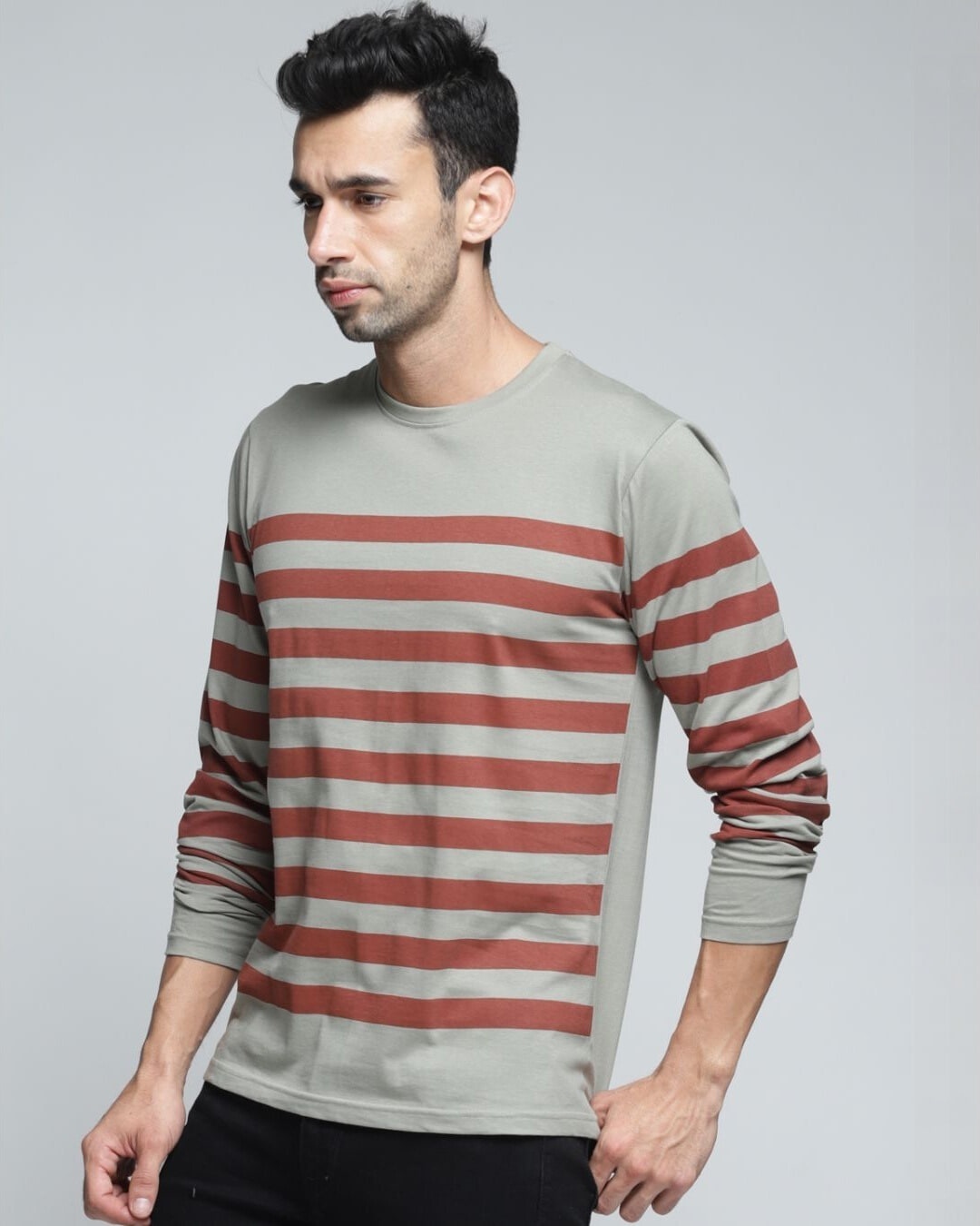 Shop Men's Grey Striped T-shirt