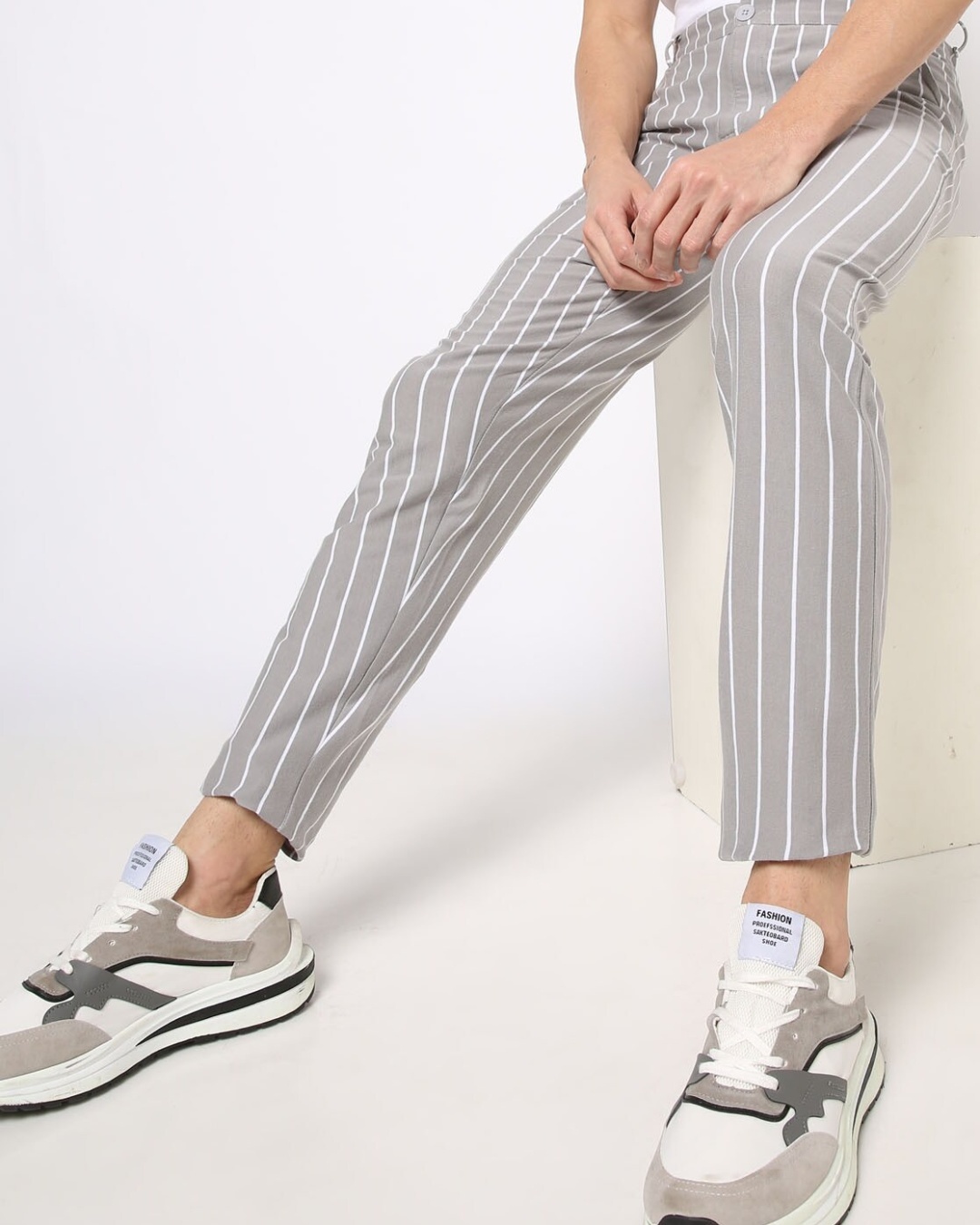 Shop Men's Grey Striped Tapered Fit Chinos-Design