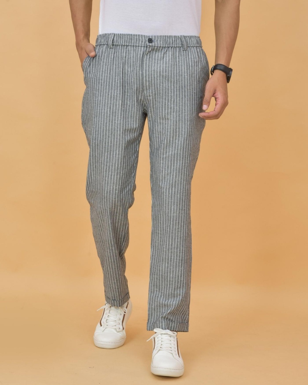 Men Dark Grey Striped Cotton Stretch Slim Fit Formal Trouser