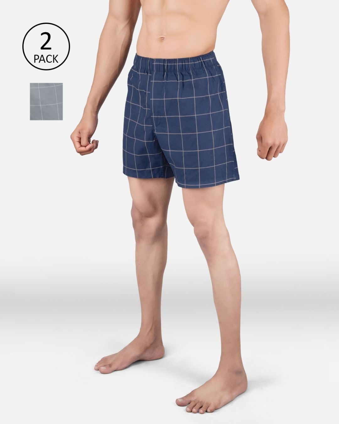 Shop Men's Grey Super Combed Cotton Checkered Boxer (Pack of 2)-Front