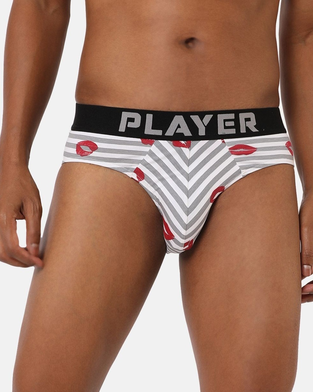 Shop Men's Grey & White All Over Lips Printed Striped Cotton Briefs-Front