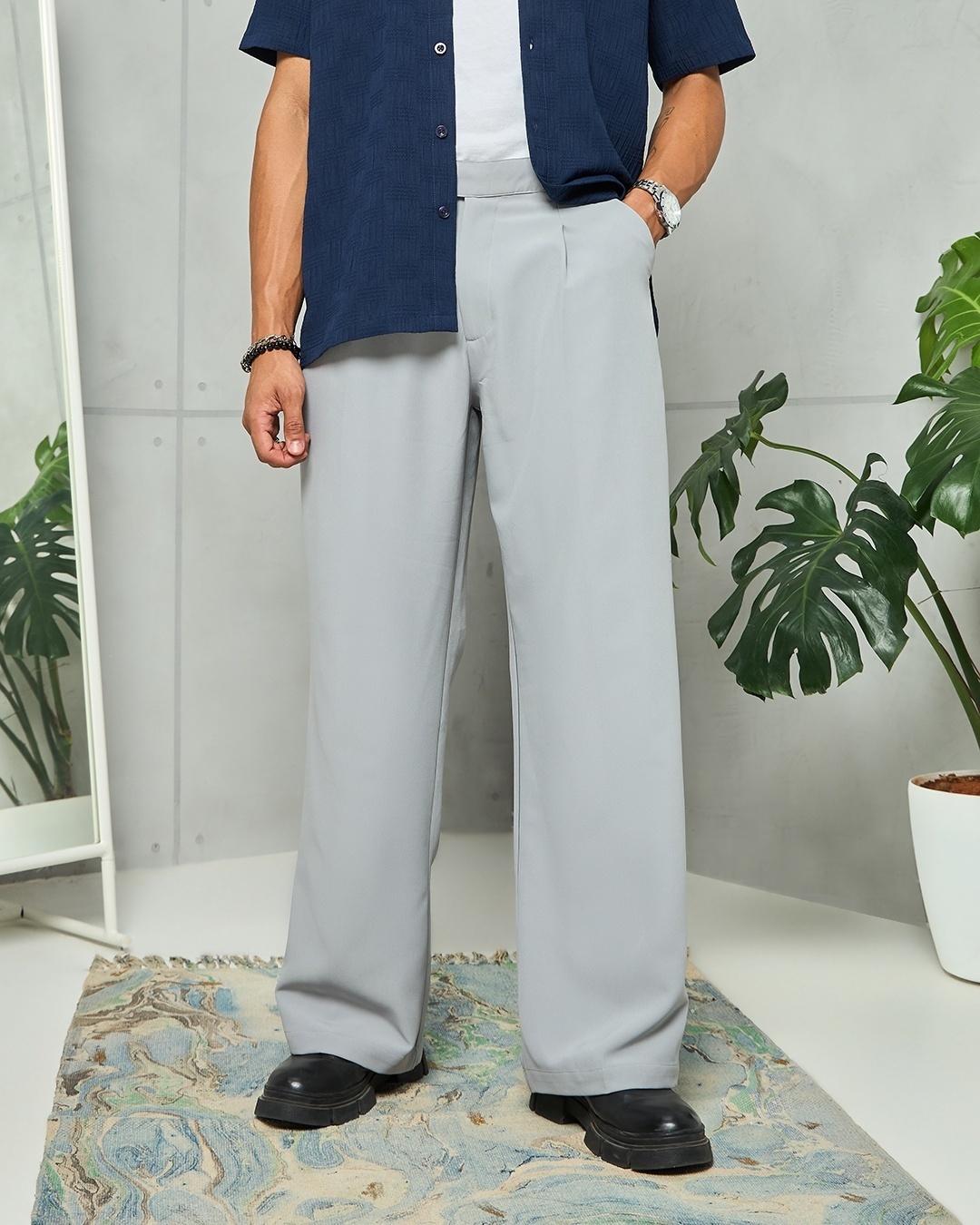 Men's Grey Wide Leg Korean Pants paired with black shirt