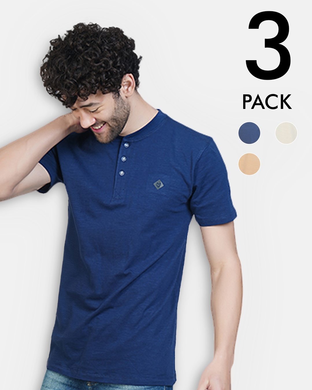 Shop Men's Henley Cotton T-shirt (Pack of 3)-Front