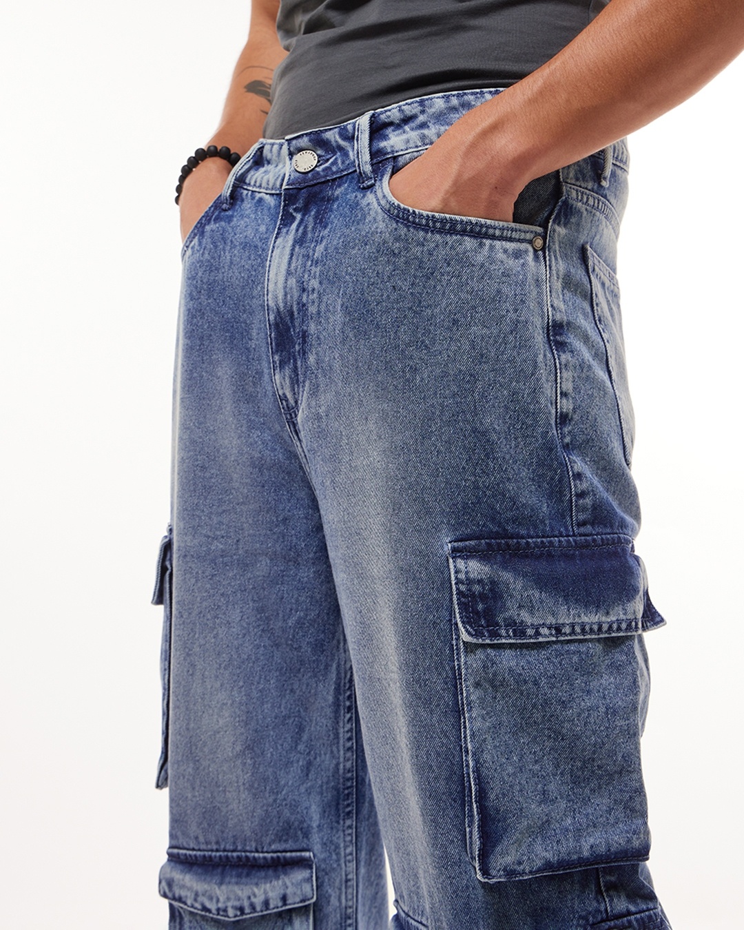 Male Wide-leg Light Blue Washed Cargo Jeans