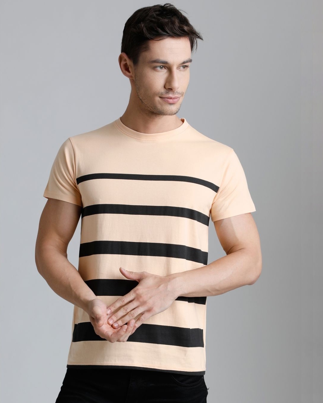 Shop Men's Light Orange & Black Striped T-shirt-Front