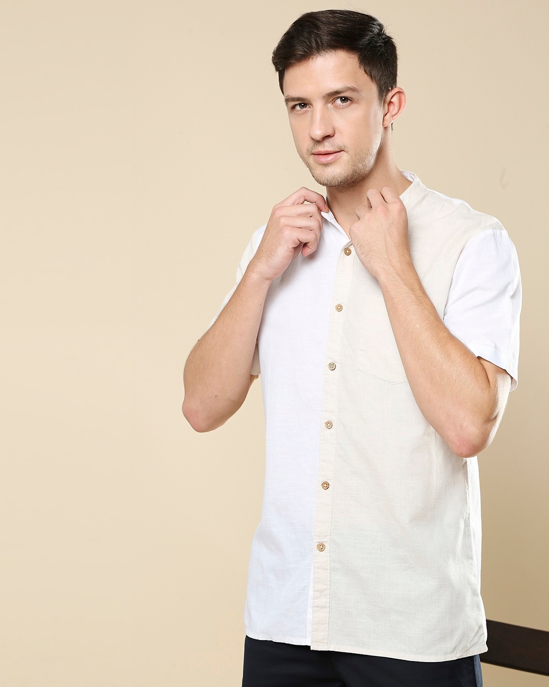 Shop Men's Linen Color Block Half Sleeves Shirt-Front