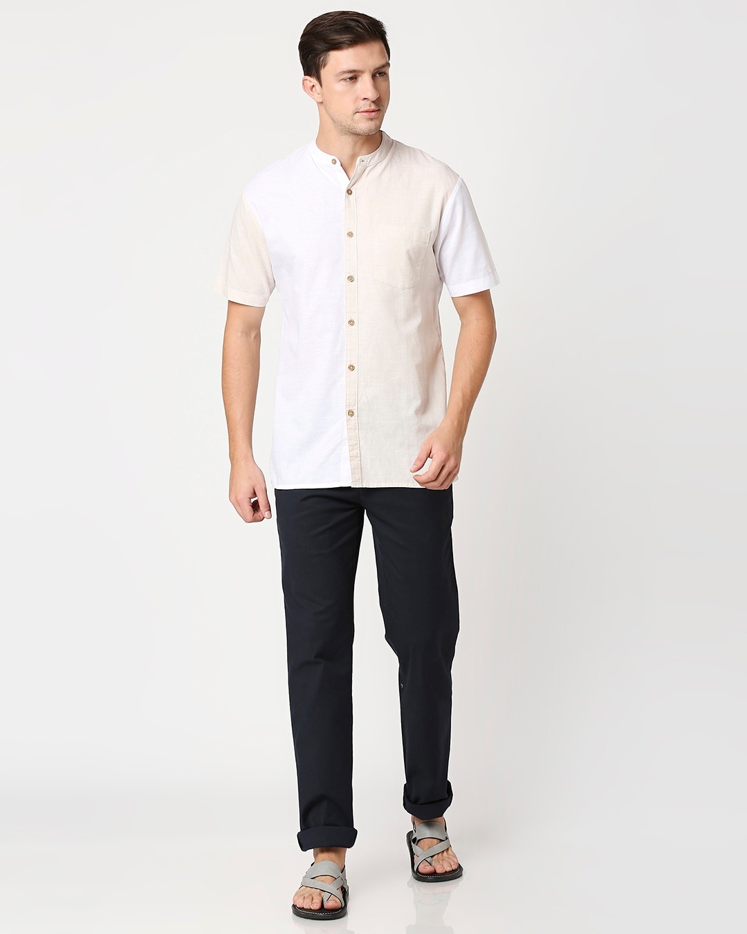 Shop Men's Linen Color Block Half Sleeves Shirt