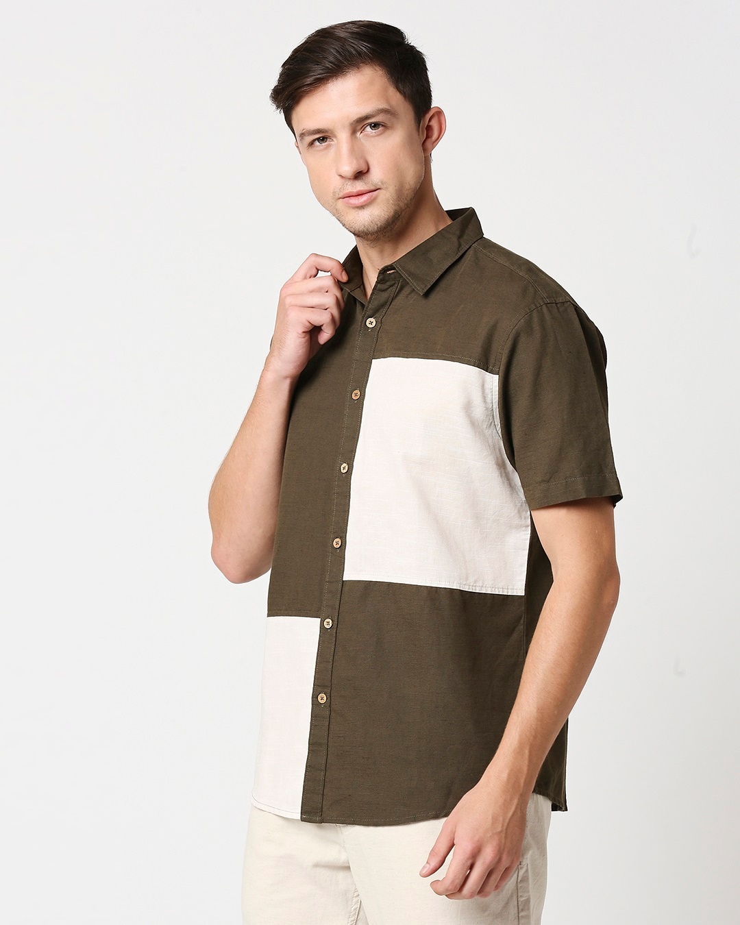 Shop Men's Linen Color Block Pocket Half Sleeves Shirt-Design
