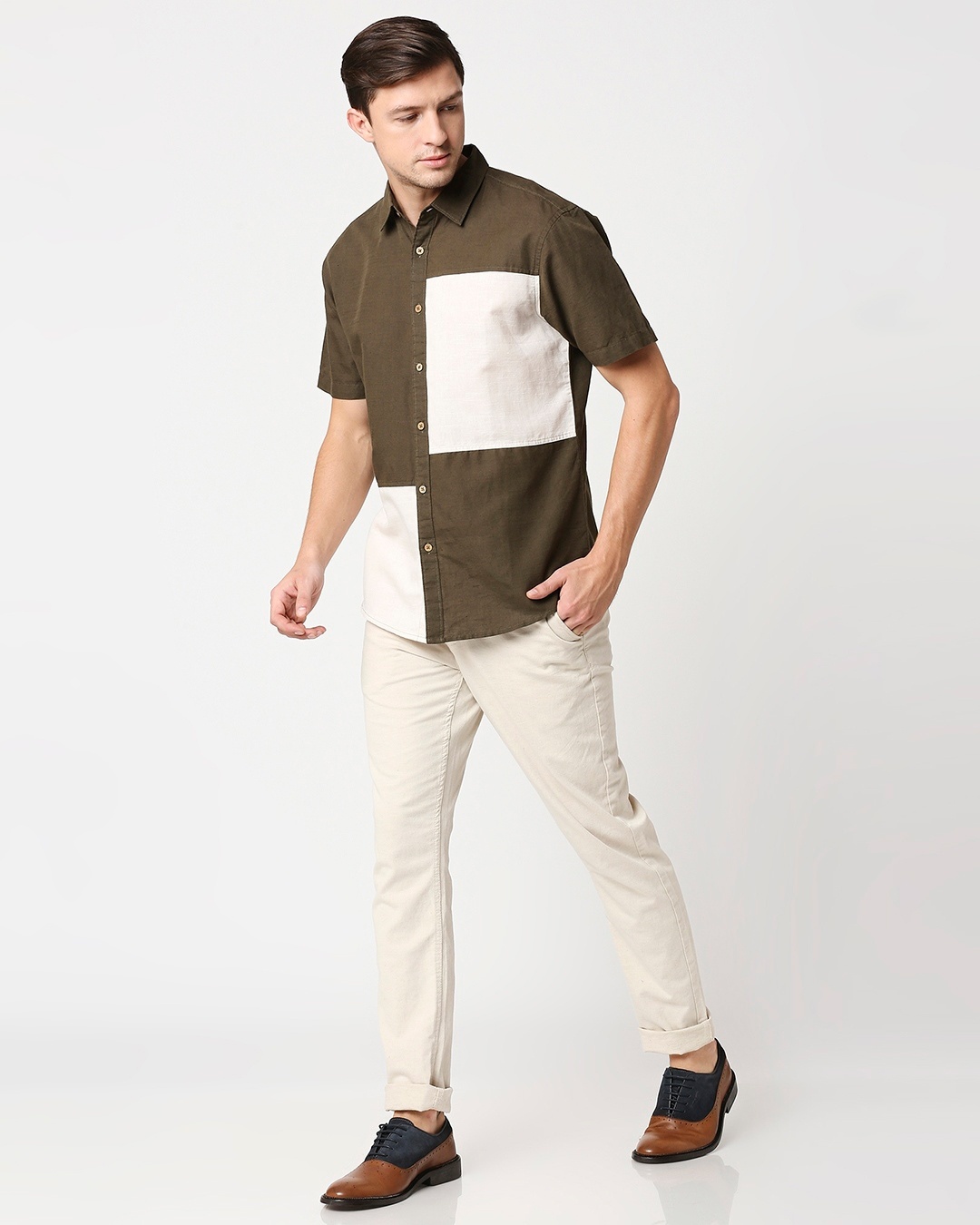 Shop Men's Linen Color Block Pocket Half Sleeves Shirt