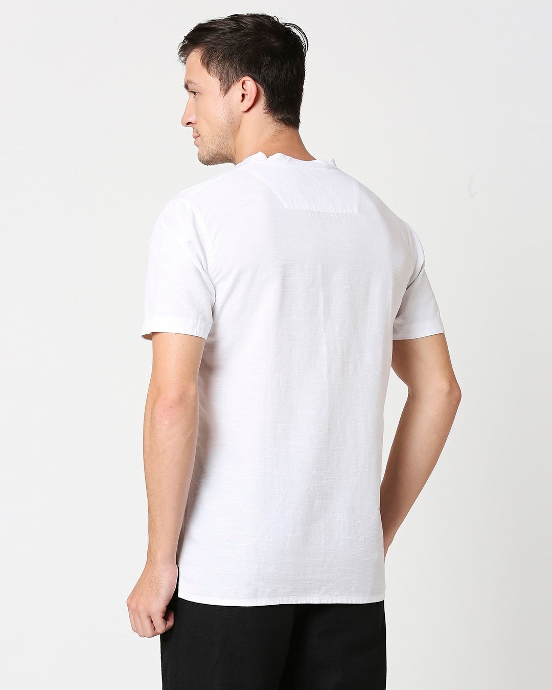 Shop Men's White Linen Henley Neck Relaxed Fit Casual T-shirt-Full