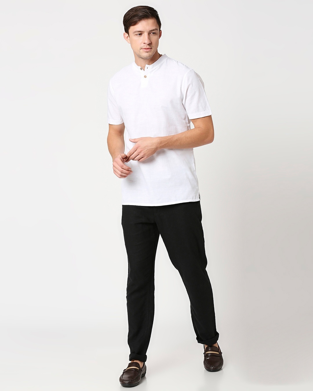 Shop Men's White Linen Henley Neck Relaxed Fit Casual T-shirt