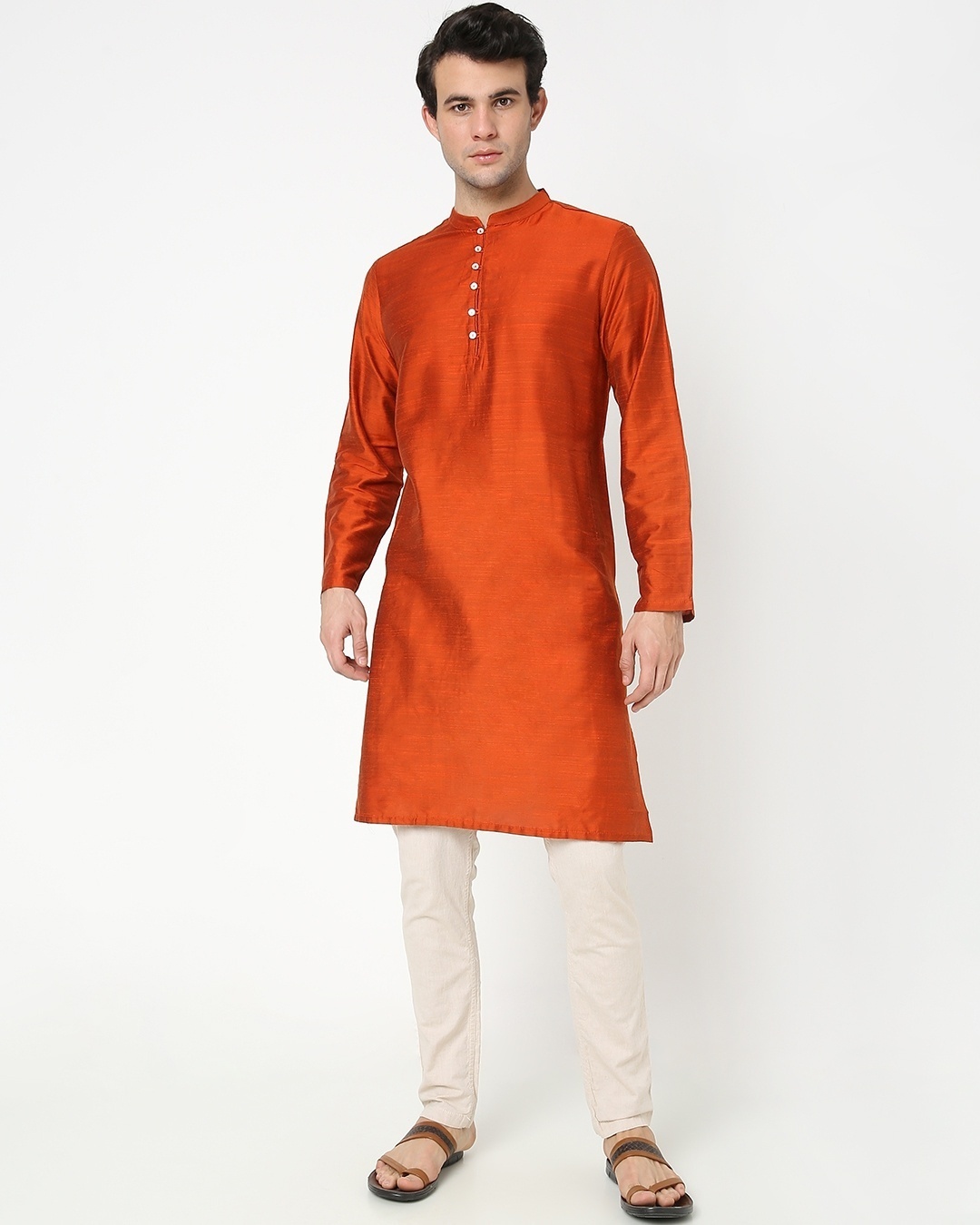 Shop Men's Orange Mandarin Collar Relaxed Fit Festive Long Kurta-Full